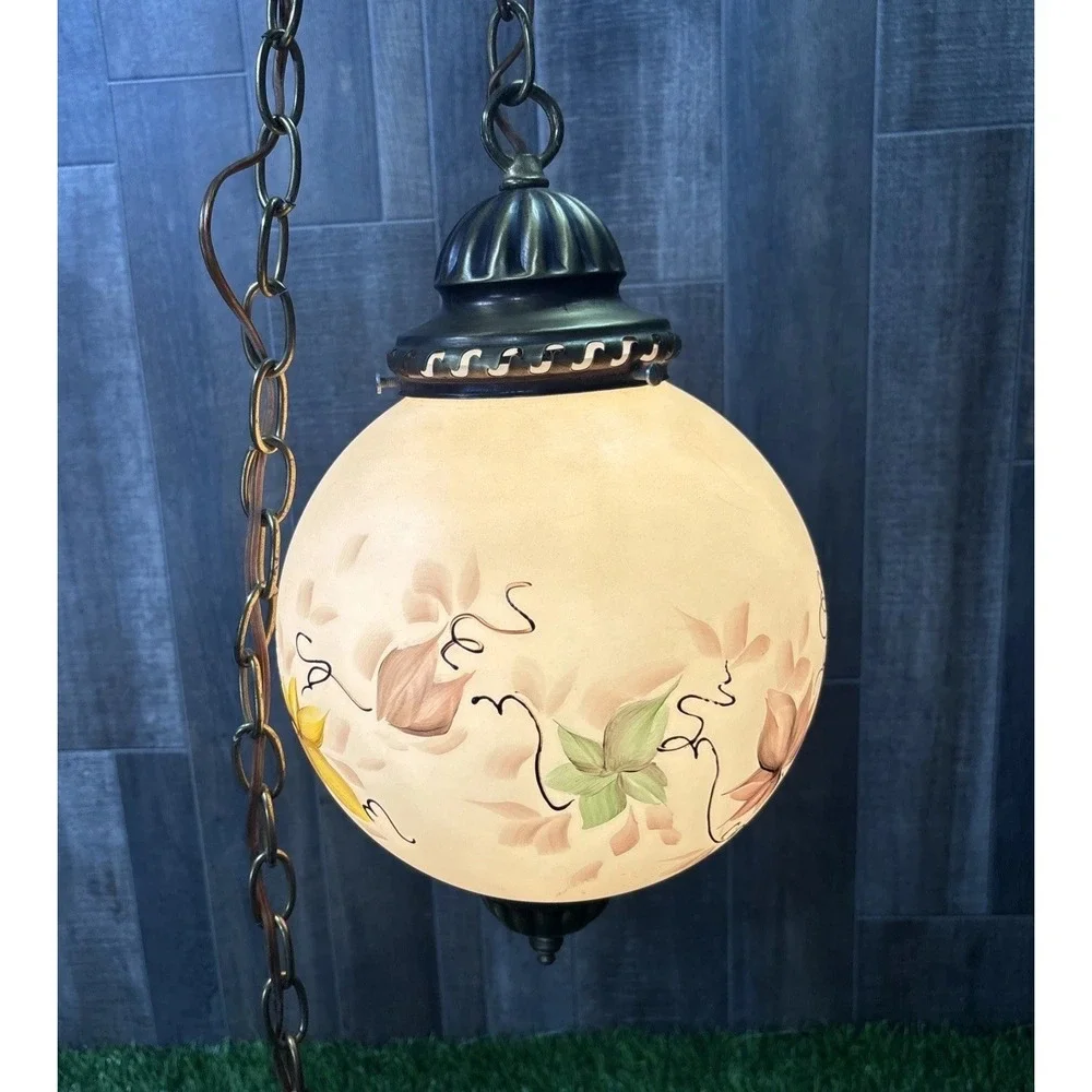 Vintage MCM Hand Painted Globe Swag Lamp Hanging Pendant Light
